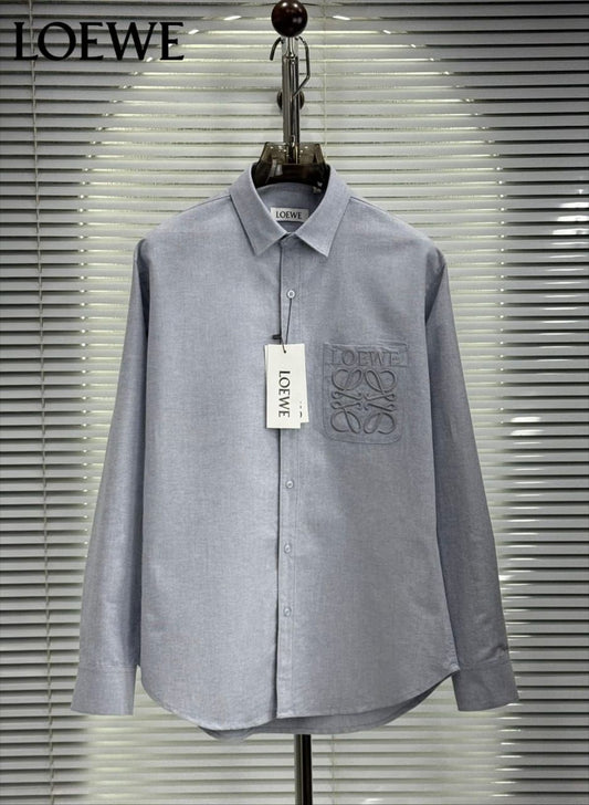 Loewe grey premium Oxford cotton shirt for men with embroidered logo
