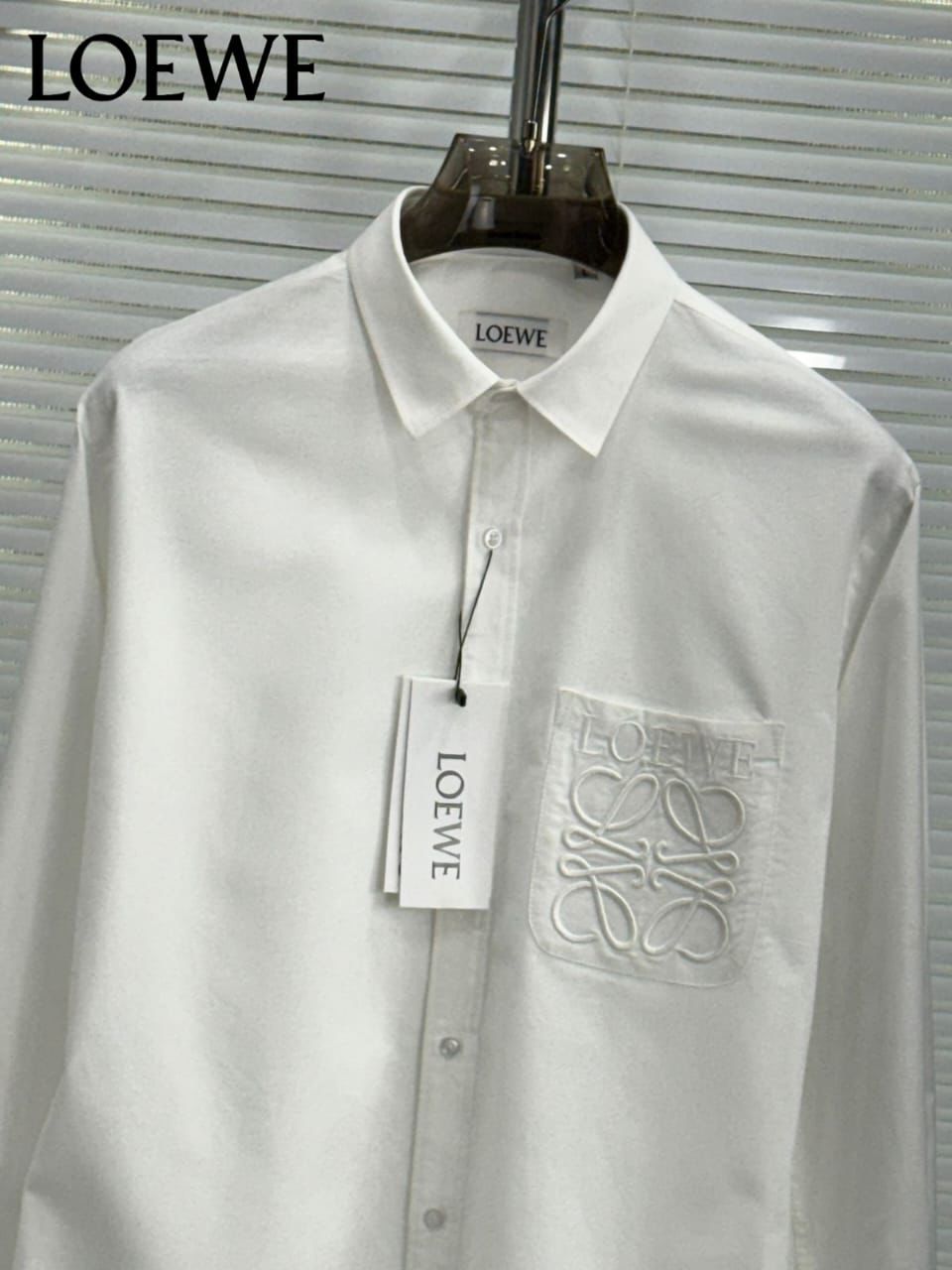 Loewe white premium Oxford cotton shirt for men with embroidered logo
