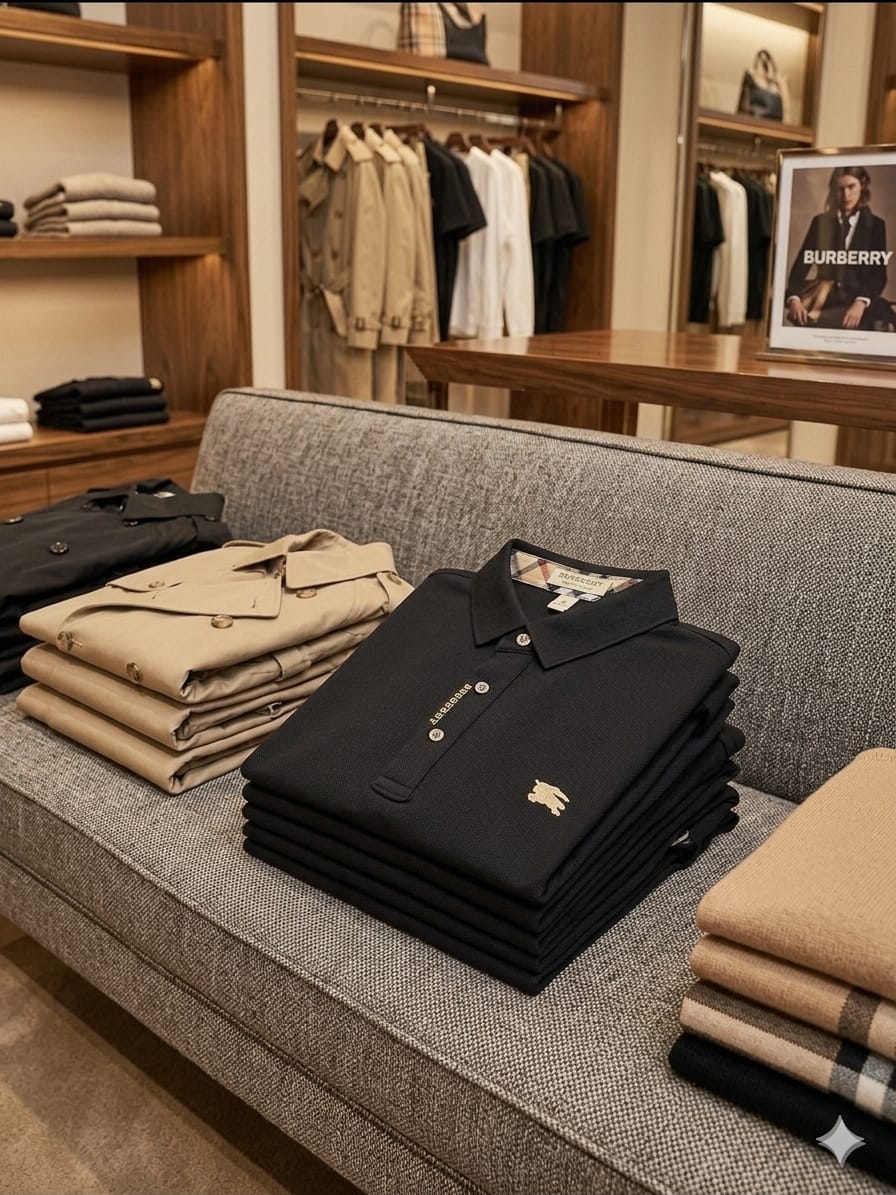 Front view of Burberry black stitchless polo t-shirt with classic collar
