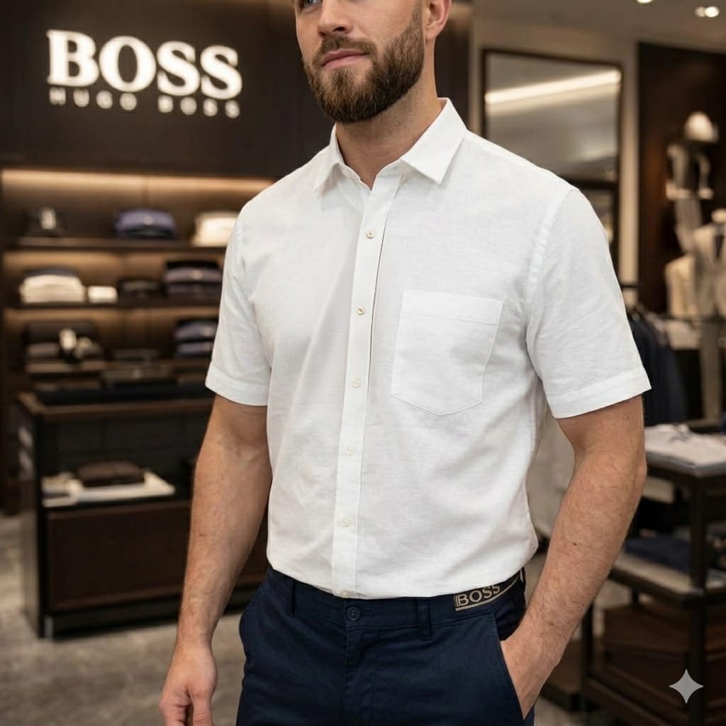 BOSS white breathable linen cotton casual shirt
