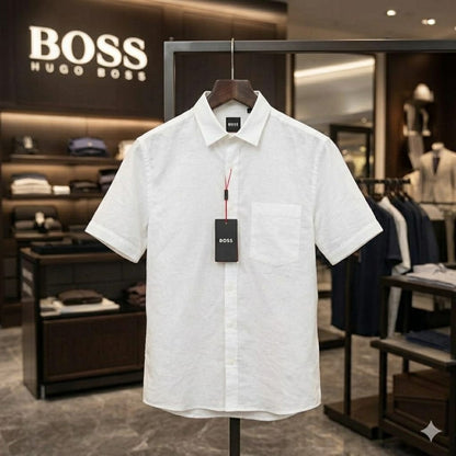 BOSS white premium linen cotton shirt for men in plus size regular fit
