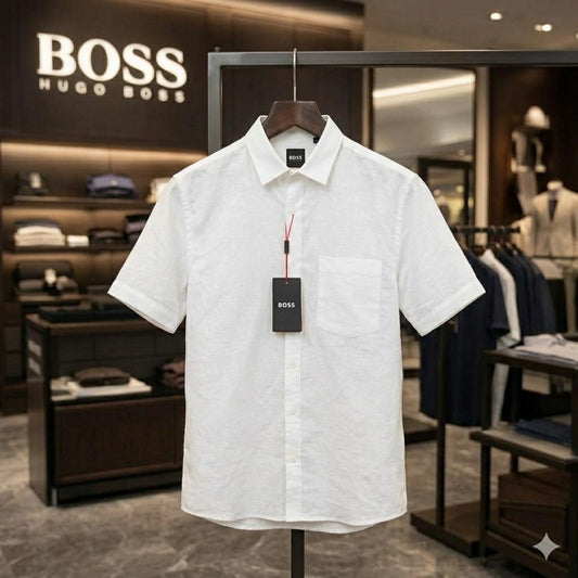 BOSS white premium linen cotton shirt for men in plus size regular fit
