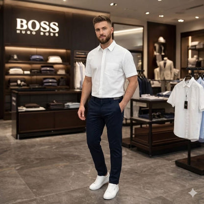 Men's BOSS white full sleeve linen cotton shirt for office wear

