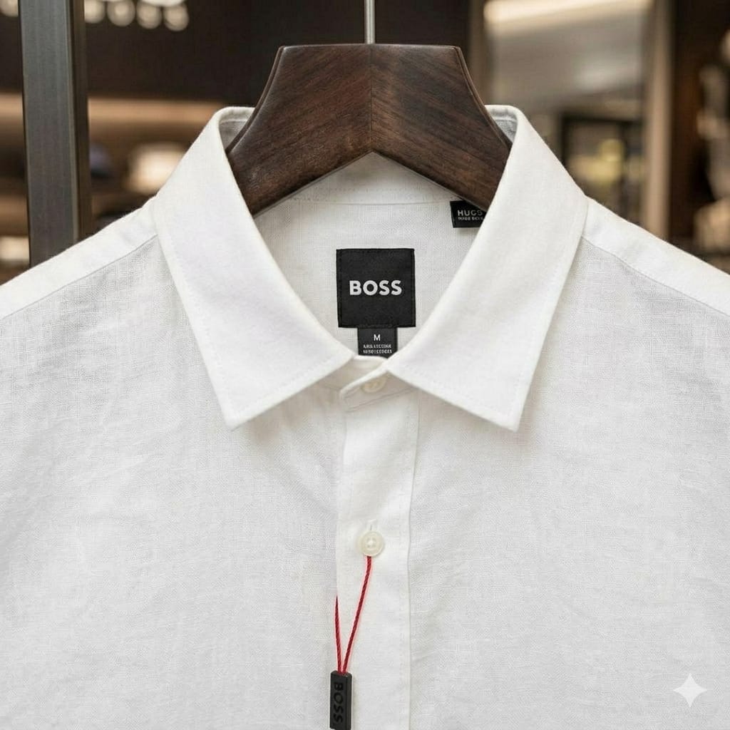Front view of BOSS white regular fit summer shirt for men
