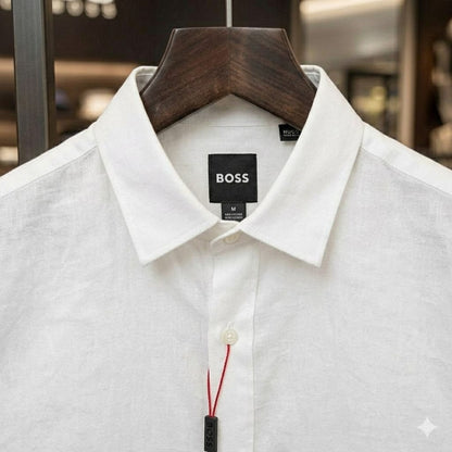Front view of BOSS white regular fit summer shirt for men
