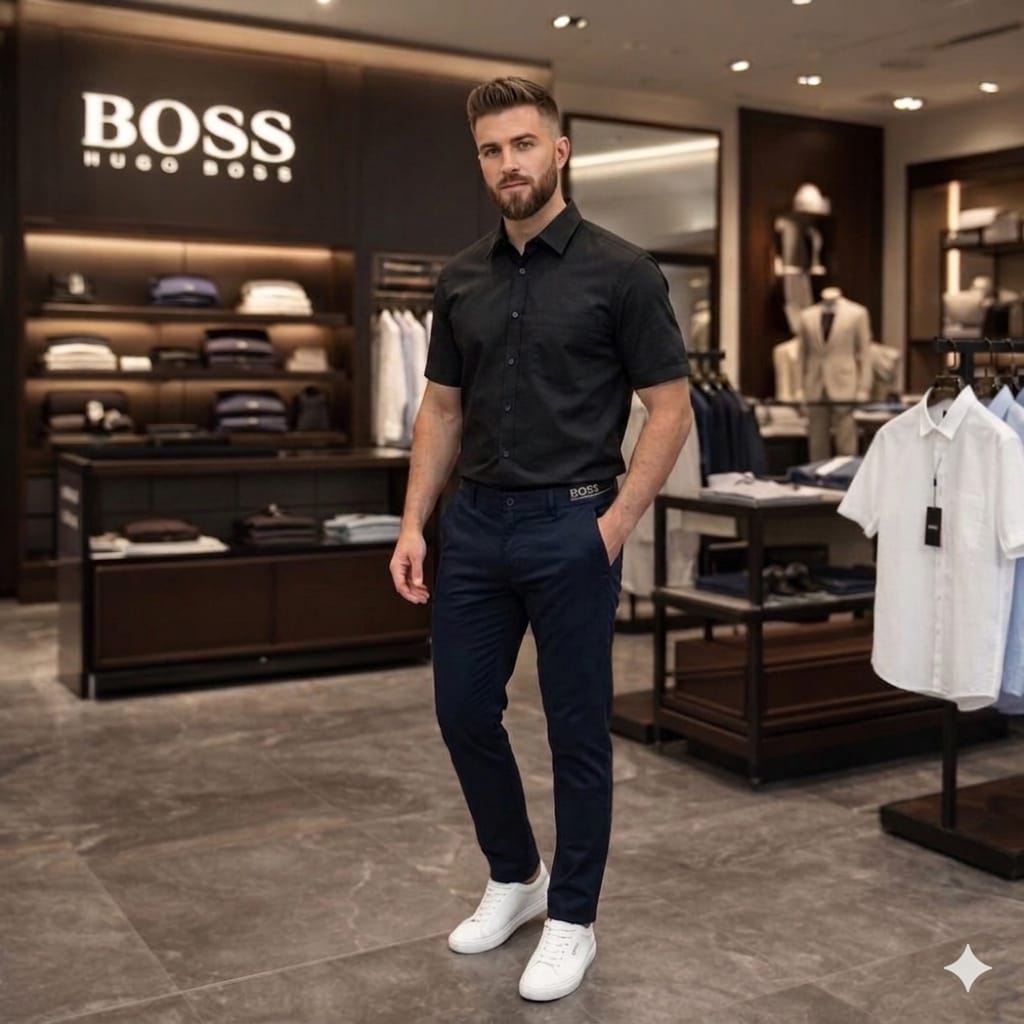 BOSS black premium linen cotton shirt for men in plus size regular fit
