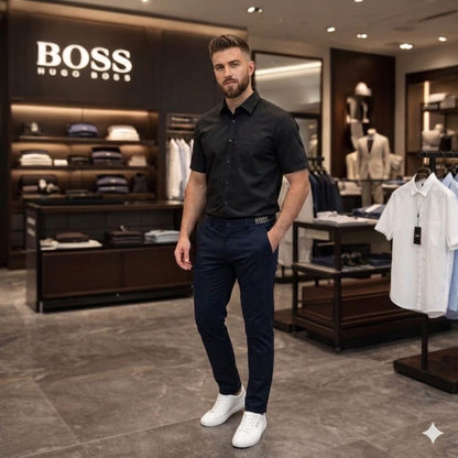 BOSS black premium linen cotton shirt for men in plus size regular fit
