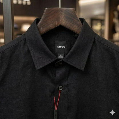 Front view of BOSS black regular fit casual shirt
