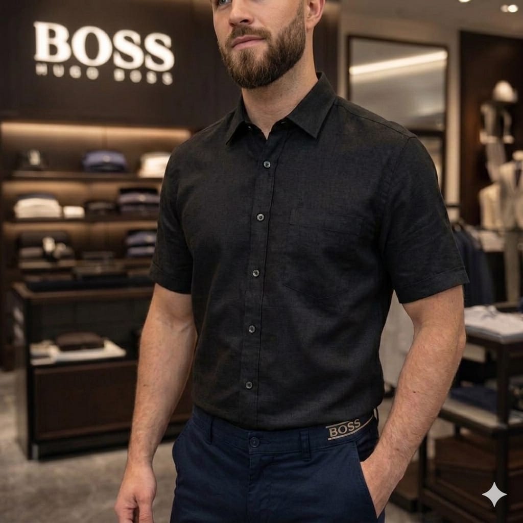 Men's BOSS black full sleeve linen cotton shirt
