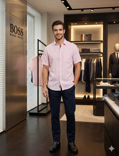 Men's BOSS pink full sleeve summer linen shirt
