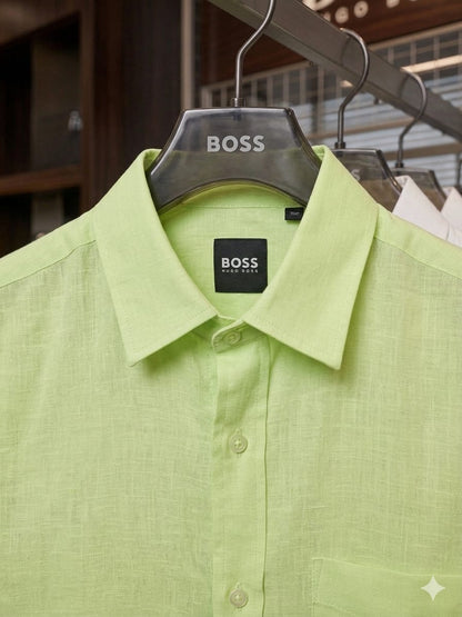 Front view of BOSS mint green summer linen cotton shirt
