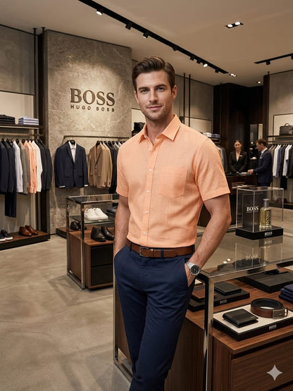 Men's BOSS orange full sleeve linen cotton shirt
