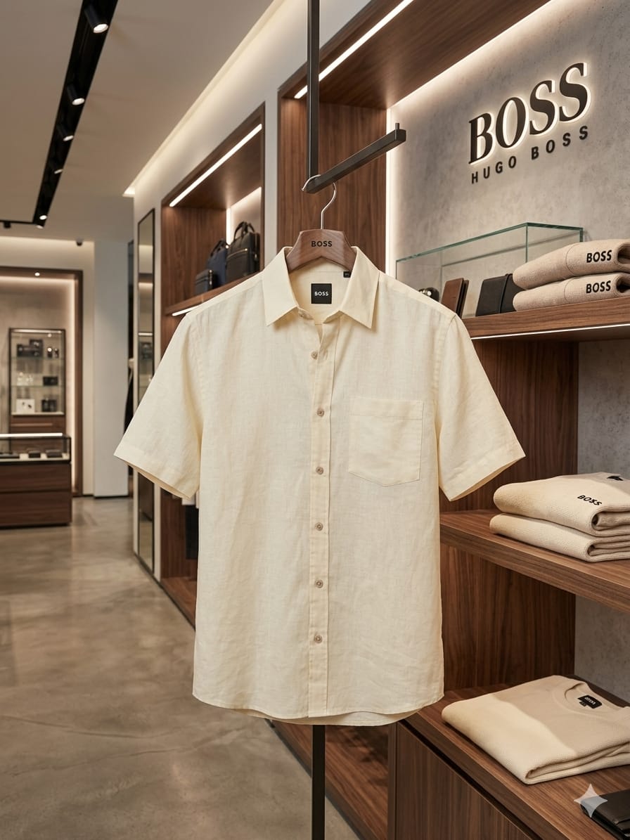 Men's BOSS cream full sleeve linen shirt
