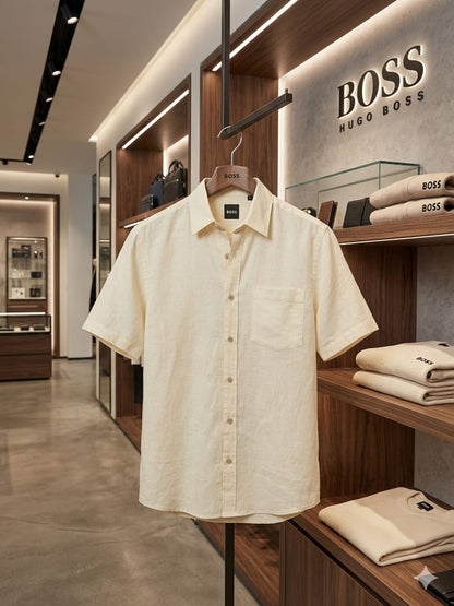 Men's BOSS cream full sleeve linen shirt
