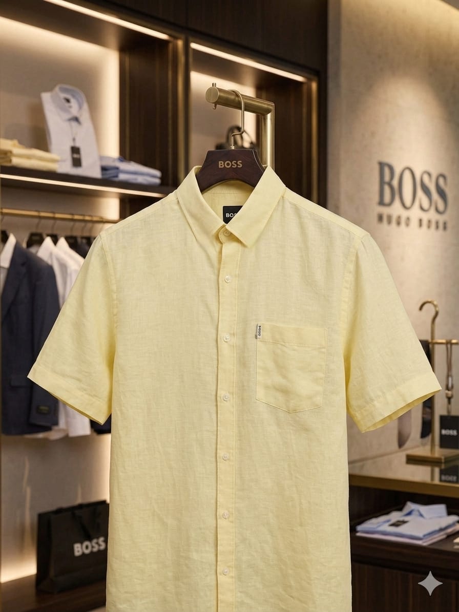 Front view of BOSS yellow breathable linen cotton shirt
