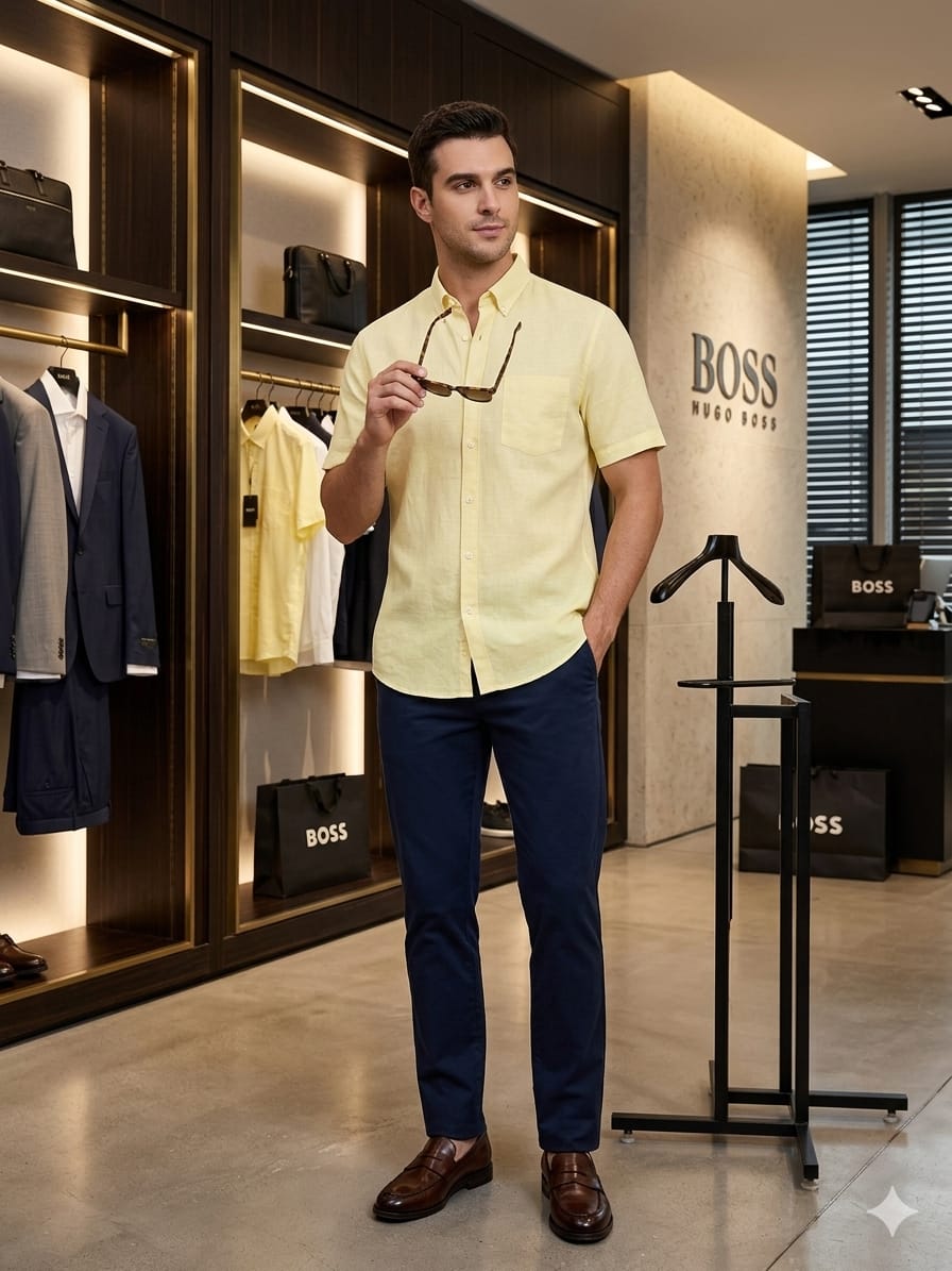 BOSS yellow premium linen cotton shirt for men regular fit

