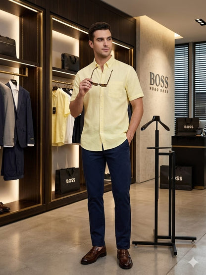 BOSS yellow premium linen cotton shirt for men regular fit
