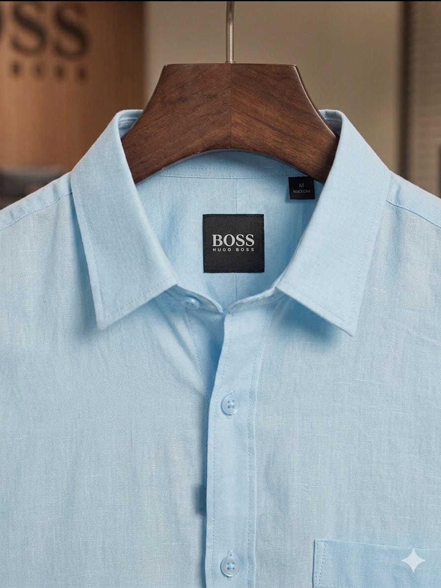 Front view of BOSS sky blue casual office shirt
