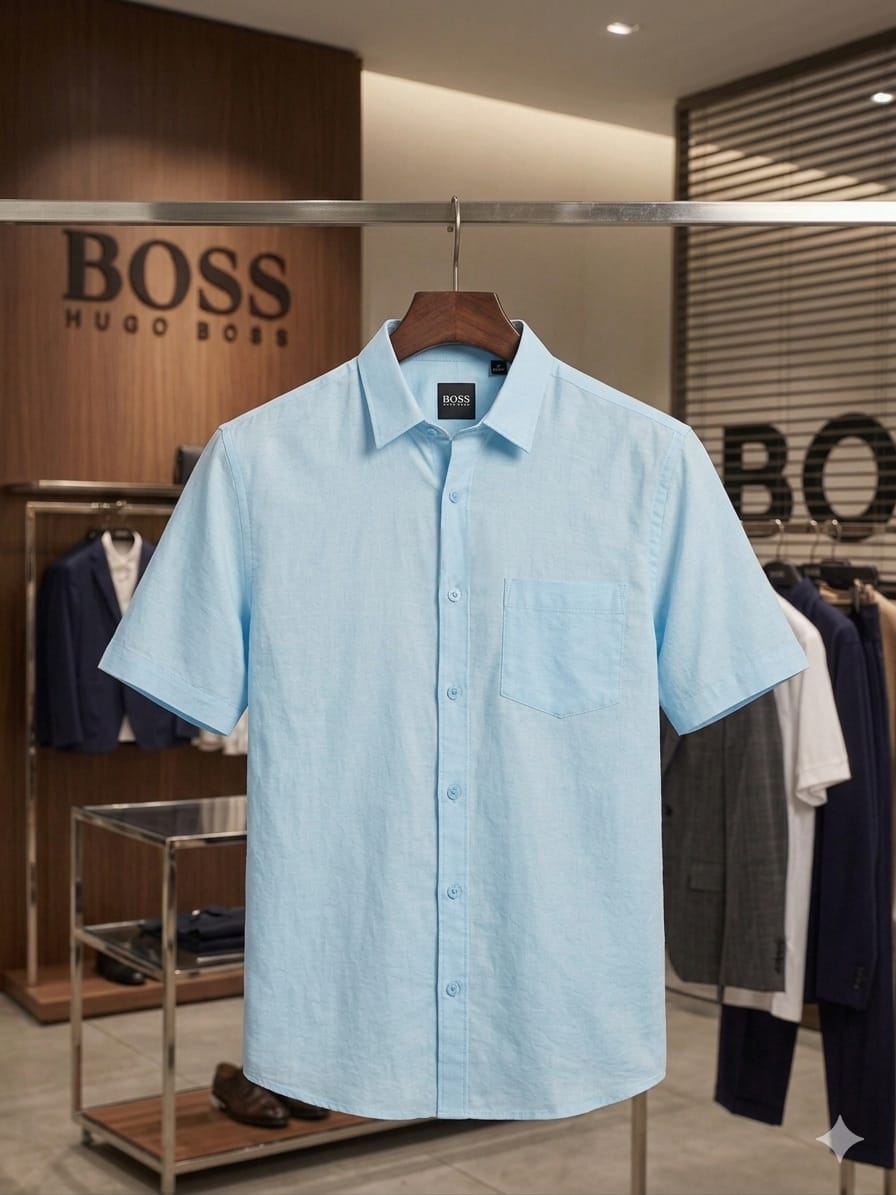 BOSS sky blue premium linen cotton shirt for men regular fit
