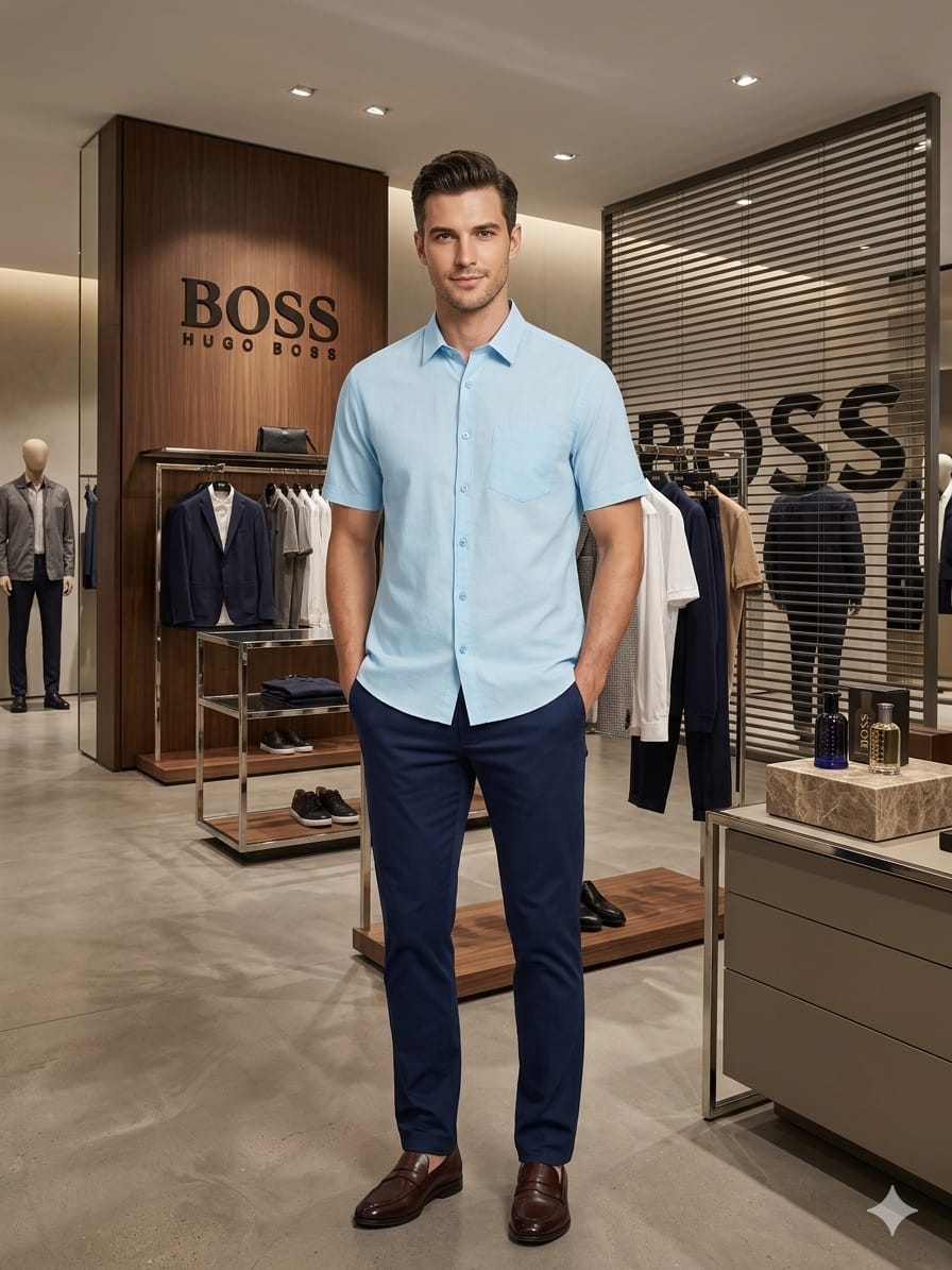 Men's BOSS sky blue full sleeve breathable linen shirt
