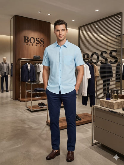 Men's BOSS sky blue full sleeve breathable linen shirt
