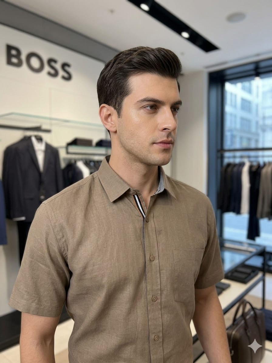 Front view of BOSS beige breathable summer shirt

