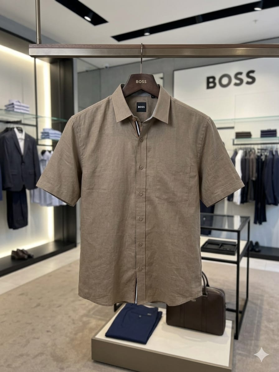 BOSS beige premium linen cotton shirt for men regular fit
