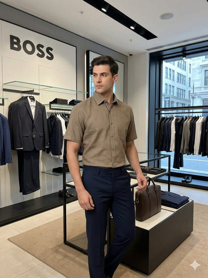 Men's BOSS beige full sleeve linen cotton casual shirt
