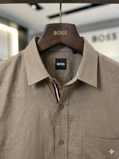 BOSS beige premium regular fit linen cotton shirt for office and casual wear
