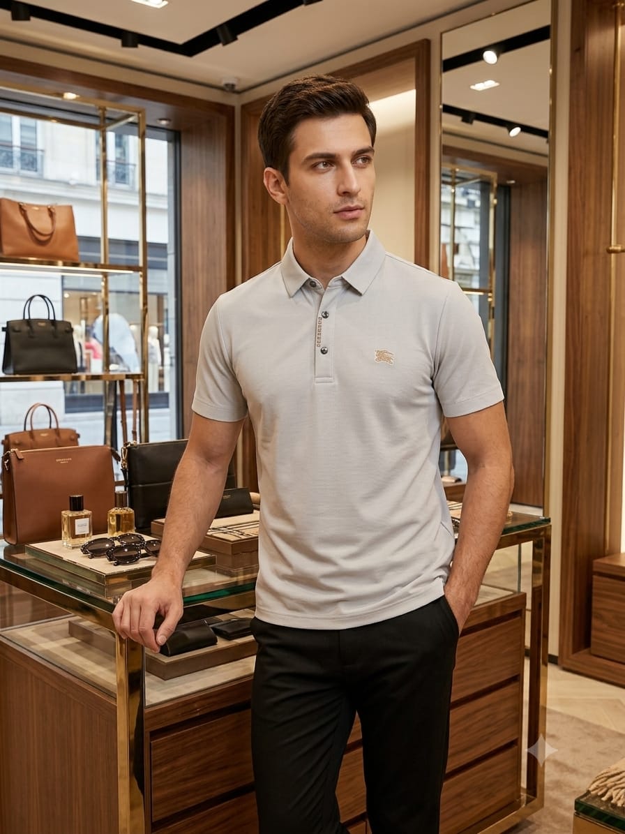 Men's Burberry grey regular fit polo t-shirt with embroidered logo
