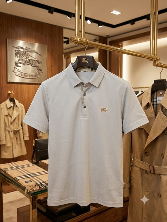 Front view of Burberry grey stitchless polo t-shirt for men
