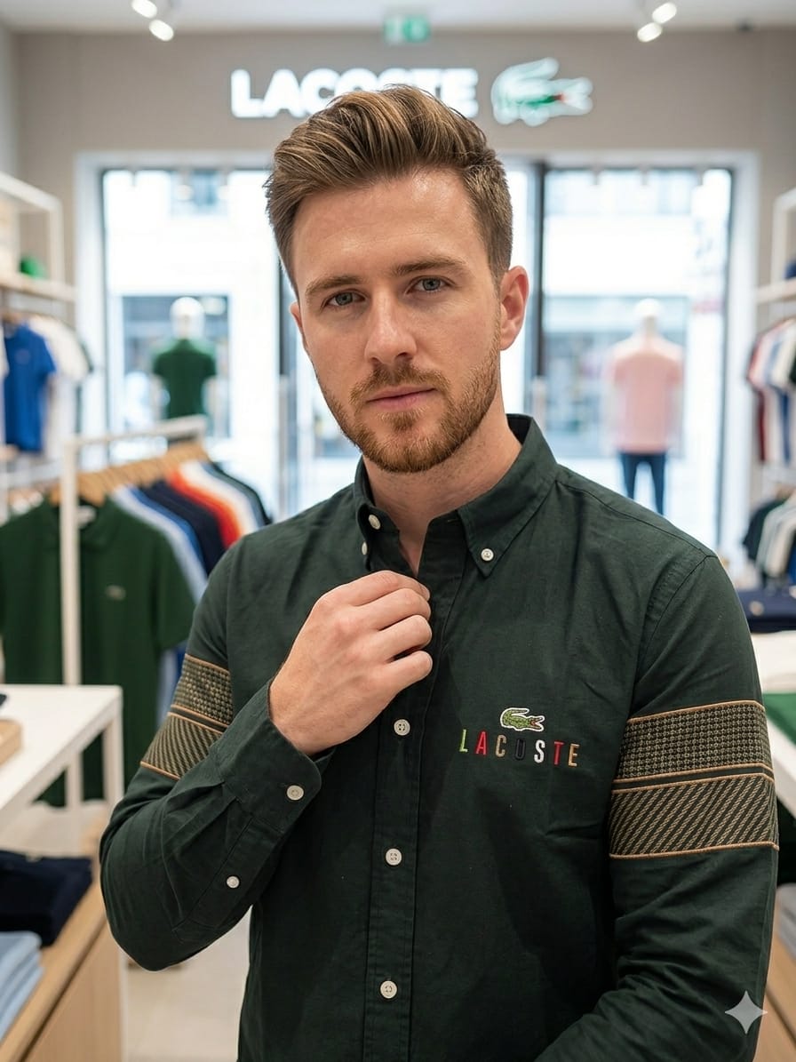 Front view of Lacoste green premium cotton shirt for office wear

