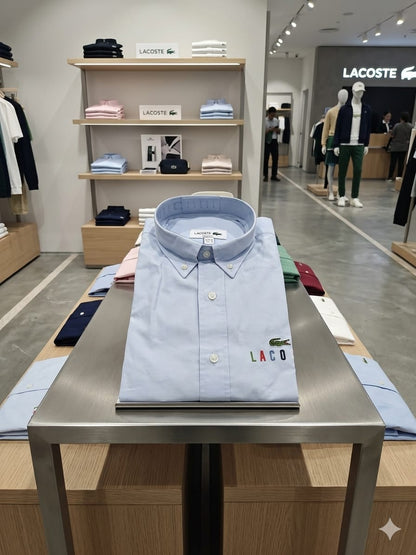 Front view of Lacoste sky blue premium cotton shirt for everyday wear
