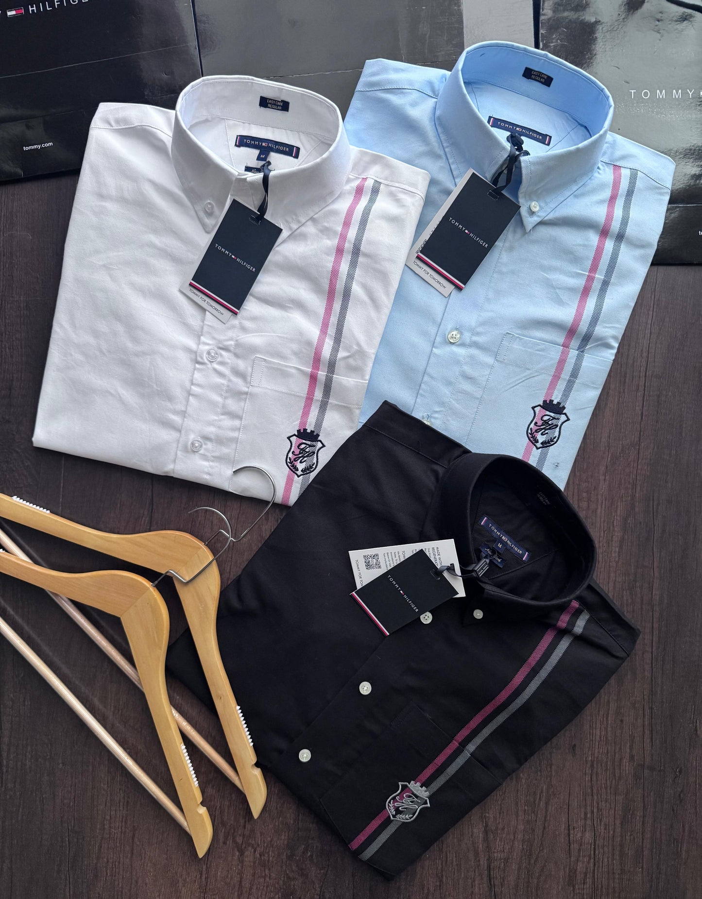 Tommy Hilfiger premium 2-ply cotton shirt collection in white, black and sky blue
