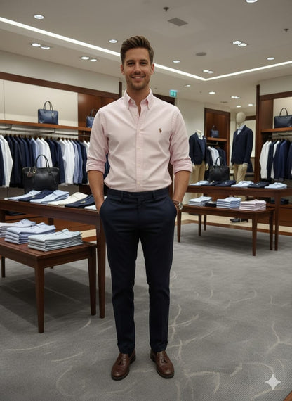 Front view of Ralph Lauren pink premium cotton shirt for men
