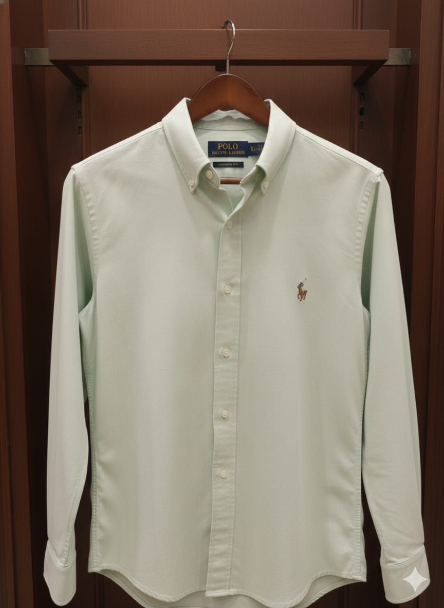 Front view of Ralph Lauren pista green premium casual shirt
