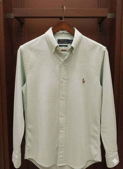 Front view of Ralph Lauren pista green premium casual shirt
