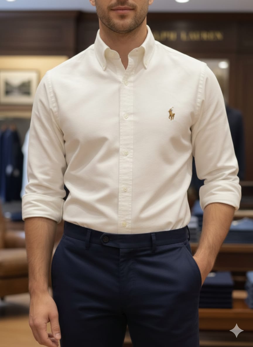 Ralph Lauren white premium Oxford cotton shirt for men with embroidered logo
