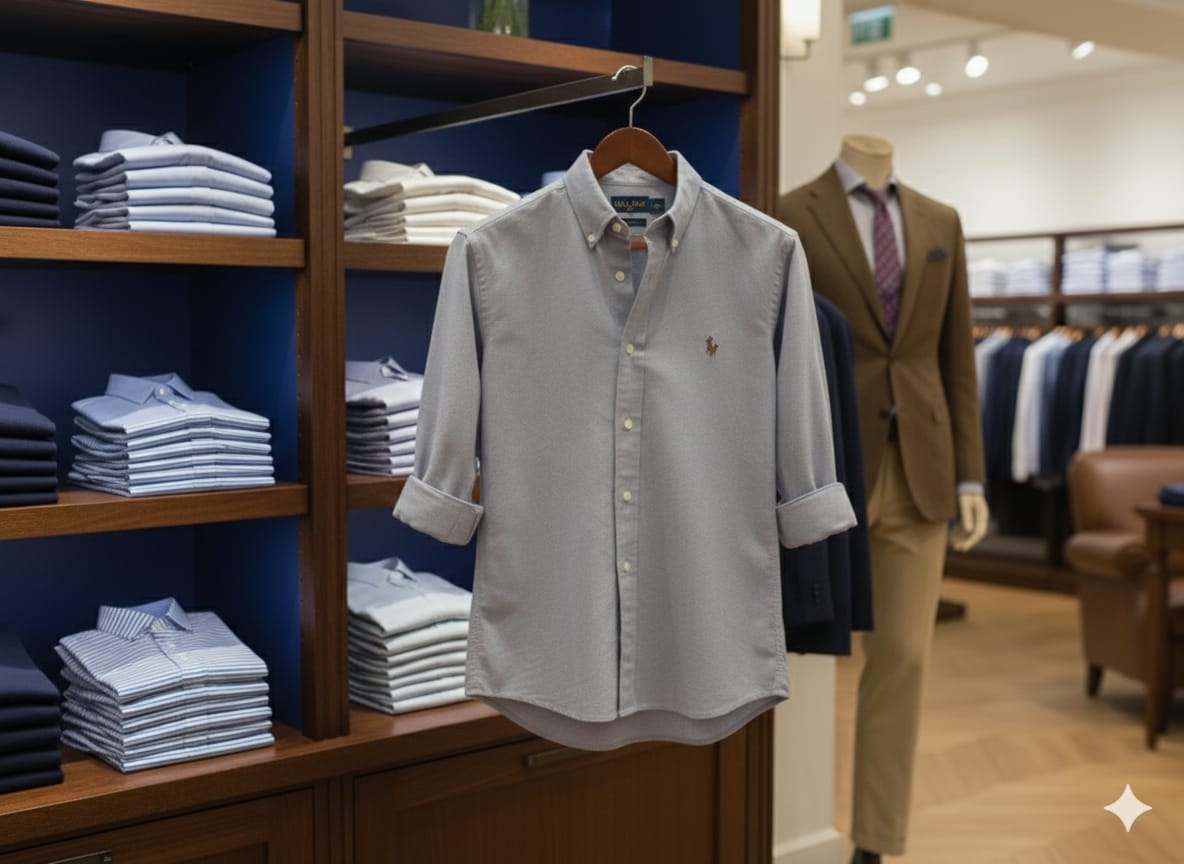 Front view of Ralph Lauren grey premium Oxford cotton shirt
