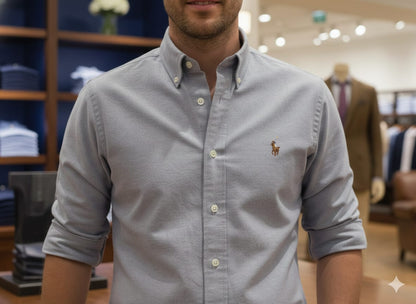 Ralph Lauren grey premium Oxford cotton shirt for men with embroidered logo
