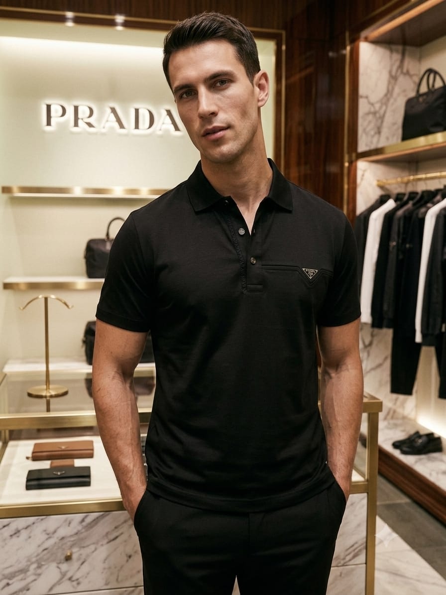 Men's Prada black regular fit polo t-shirt with embroidered logo
