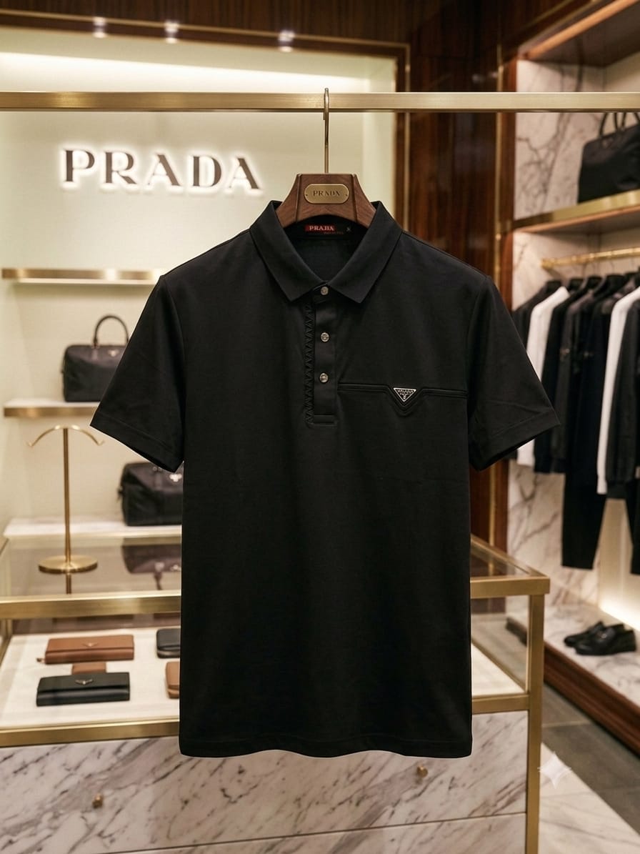 Front view of Prada black stitchless polo t-shirt with classic polo collar
