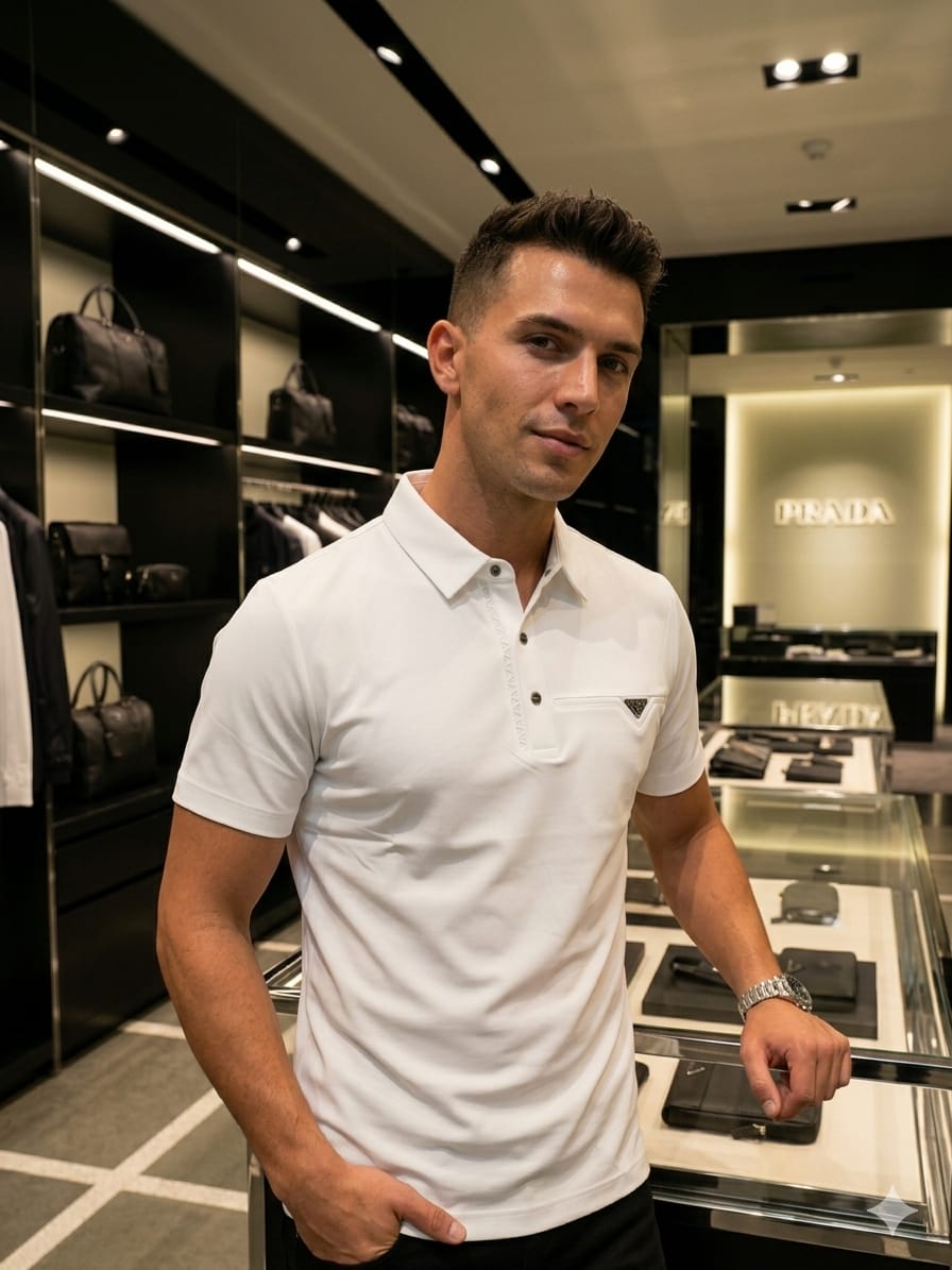 Men's Prada white regular fit polo t-shirt with embroidered logo
