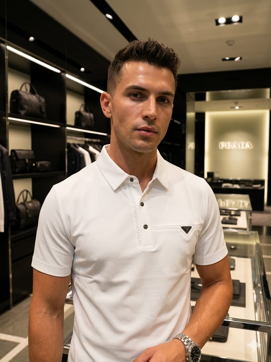 Prada white stitchless polo t-shirt for men in premium Japanese fabric
