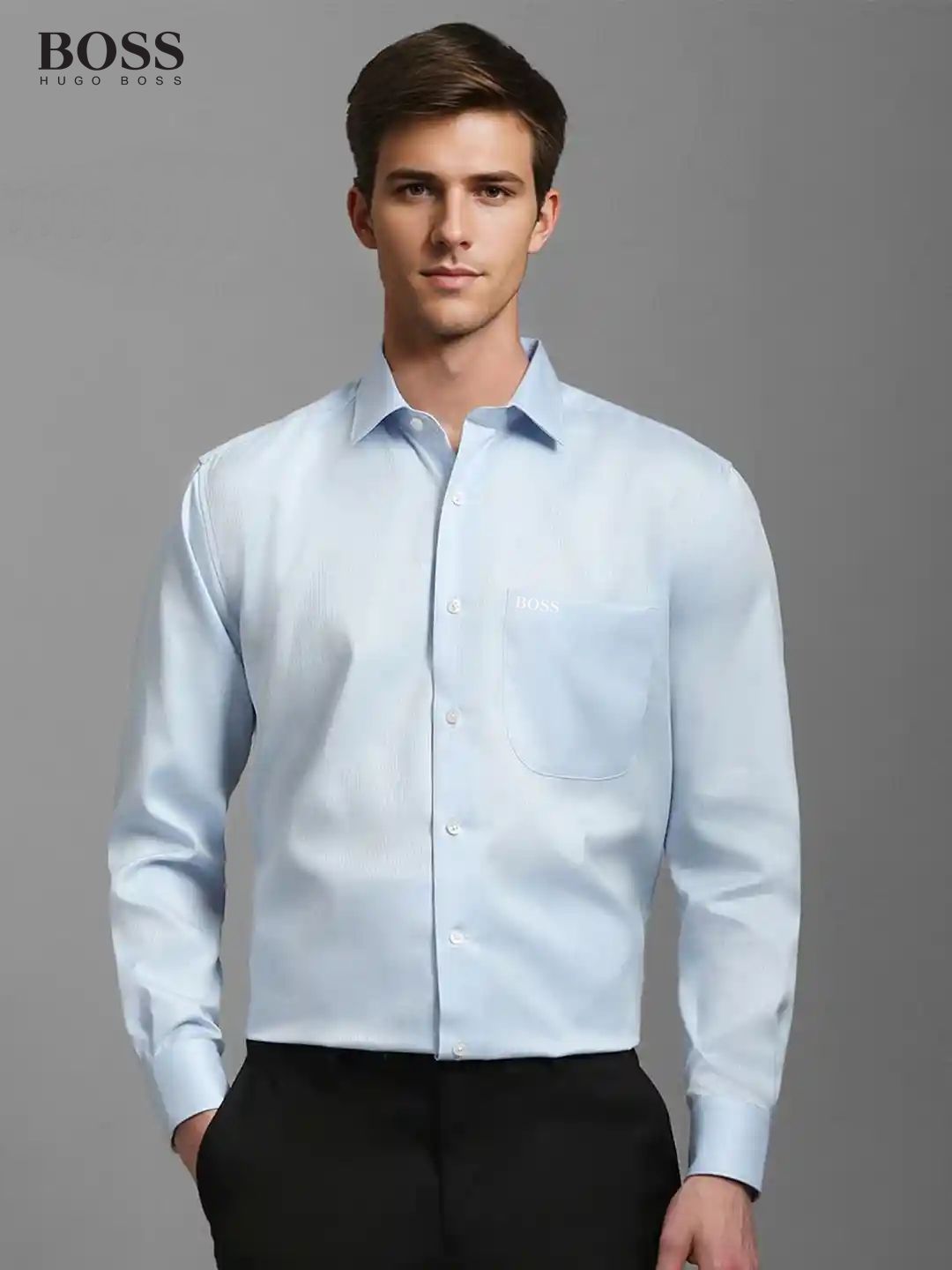 BOSS sky blue premium Raymond cotton shirt for men with embroidered logo
