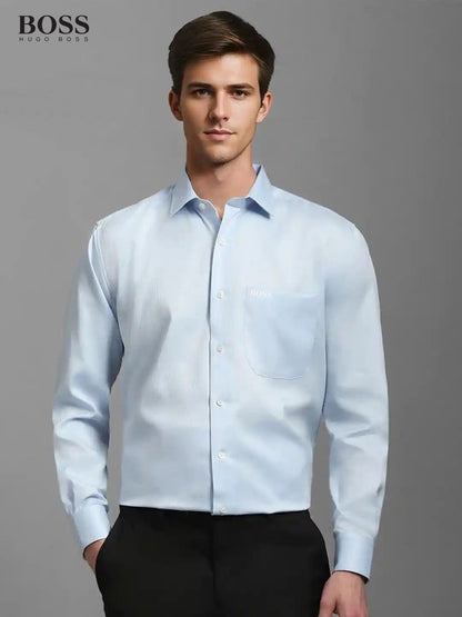 BOSS sky blue premium Raymond cotton shirt for men with embroidered logo
