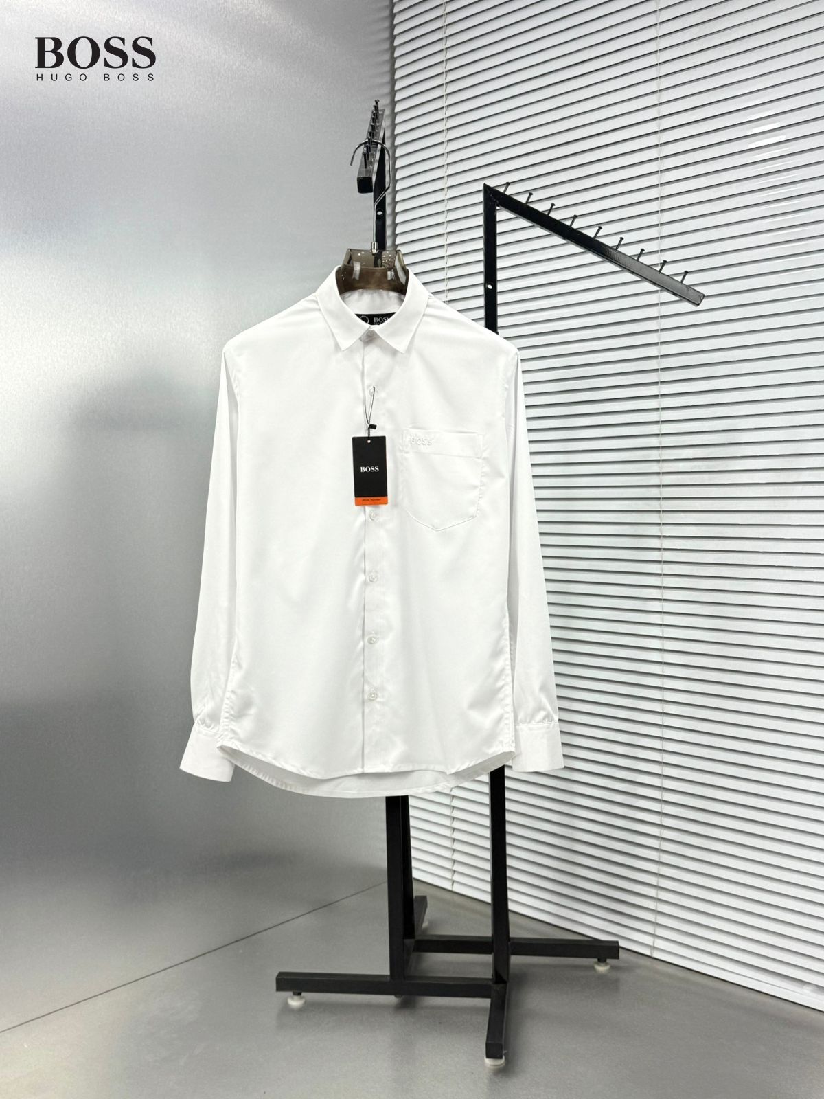 BOSS white premium Raymond cotton shirt with embroidered logo for men
