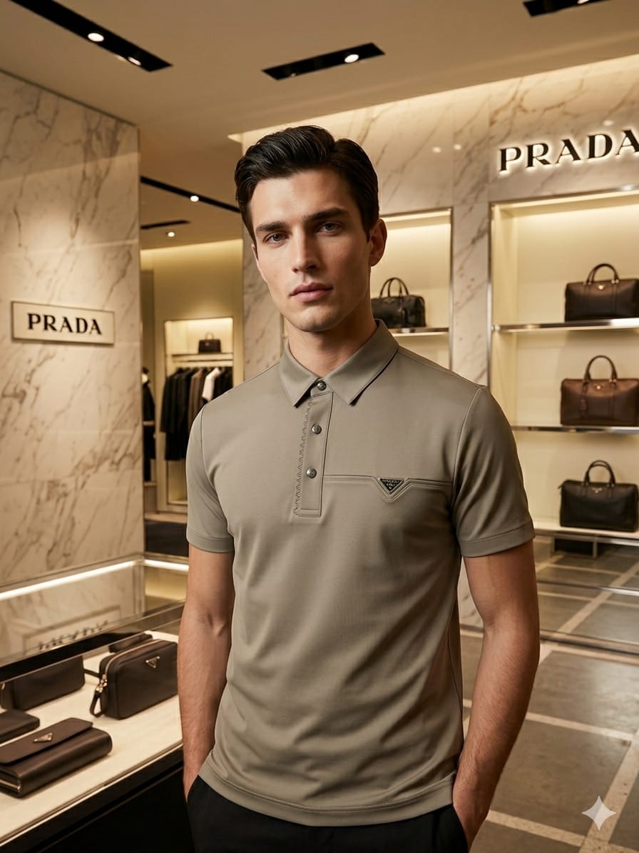 Men's Prada beige regular fit polo t-shirt with embroidered logo
