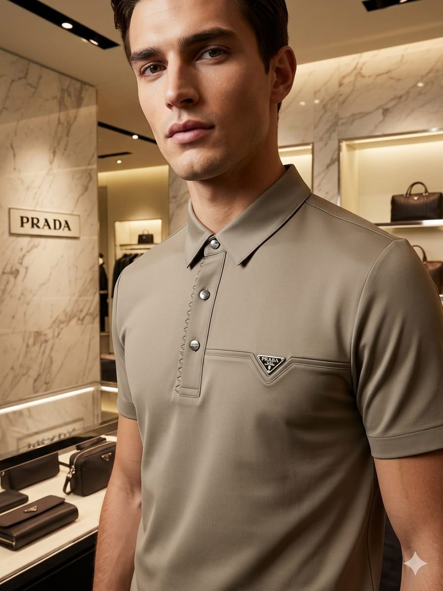 Prada beige stitchless polo t-shirt for men in premium Japanese fabric
