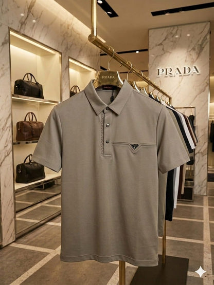Front view of Prada beige stitchless polo t-shirt with classic collar
